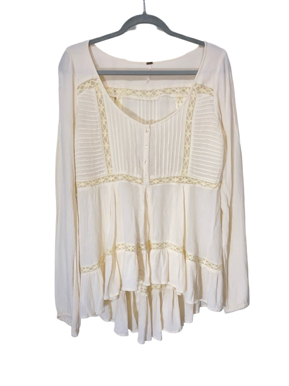 Free People Jeanette peasant tunic top Ivory Lace Ruffle Hem Long Sleeve - Picture 2 of 6